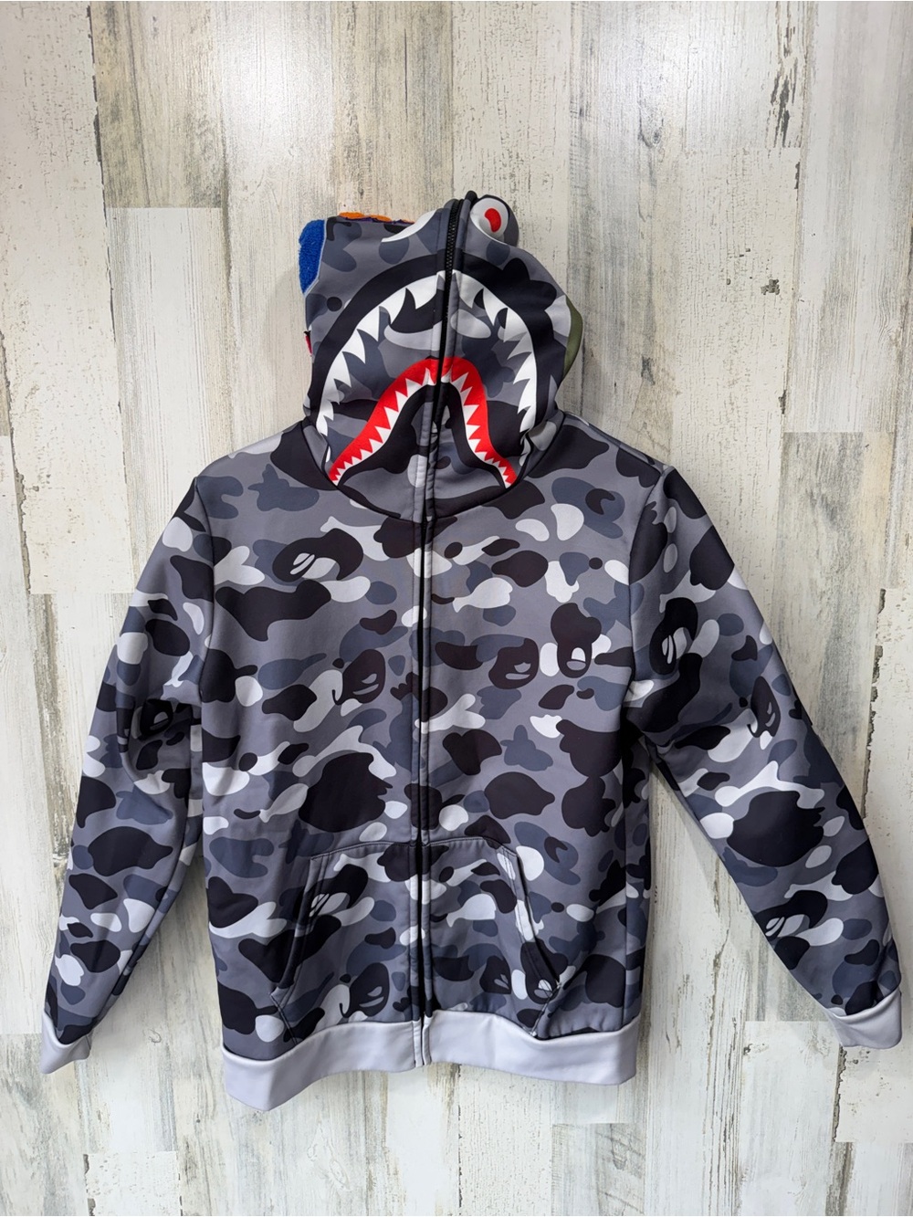 BAPE Shark Gray Camo Full Zip Hoodie Youth M A Bathing Ape